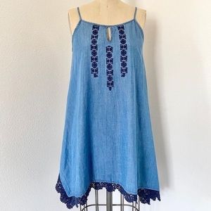 Under Skies Denim Trapeze Embroidered Dress